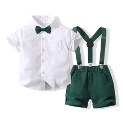 Boy's Short Set with Suspenders (Forest Green & White)