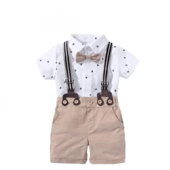 Alternative view of Boy's Short Set with Bowtie & Suspenders (White & Khaki)