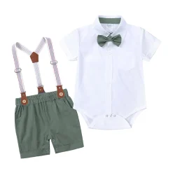 Boy's Short Set with Suspenders (Green / White}