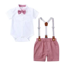Alternative view of Boy's Short Set with Suspenders (Mauvy Pink & White)