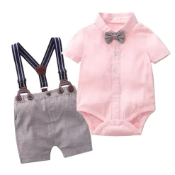 Alternative view of Boy's Short Set with Bowtie & Suspenders (Pink & Light Gray)