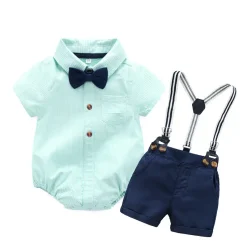 Boy's Short Set with Bowtie & Suspenders (Mint Green and Navy)