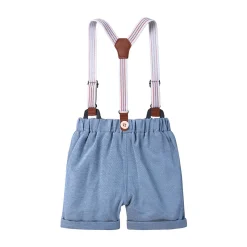 Alternative view of Boy's Short Set with Suspenders (Light Blue & White)