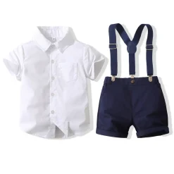 Alternative view of Boy's Short Set with Suspenders (Navy & White)