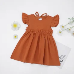 Girl's Rust Color Casual Linen Dress