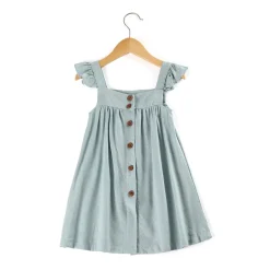 Alternative view of Girl's Matte Teal Casual Linen Dress