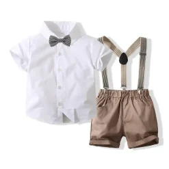 Boy's Short Set with Suspenders (Brown,White, Khaki)
