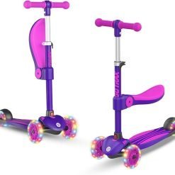 Gotrax KS3 Kids Kick Scooter, LED Lighted Wheels, Adjustable Height Handlebars and Removable Seat, Lean-to-Steer & Widen Anti-Slip Deck, 3 Wheel Scooter for Kids (Violet/Purple)