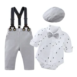Boy's Set with Long Pants, Bowtie, Suspenders & Hat (Light Gray & White)