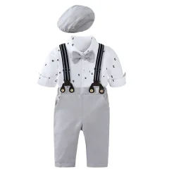 Alternative view of Boy's Set with Long Pants, Bowtie, Suspenders & Hat (Light Gray & White)