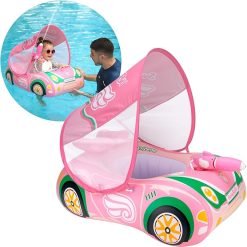 Swimbobo Toddler Pool Float Inflatable Car w/ Adjustable Sun Canopy & Safety Seat for Kids (Pink)