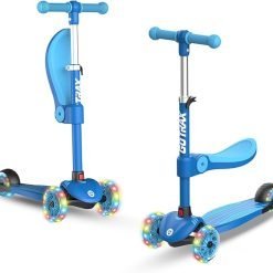 Gotrax KS3 Kids Kick Scooter, LED Lighted Wheels, Adjustable Height Handlebars and Removable Seat, Lean-to-Steer & Widen Anti-Slip Deck, 3 Wheel Scooter for Kids (Blue)