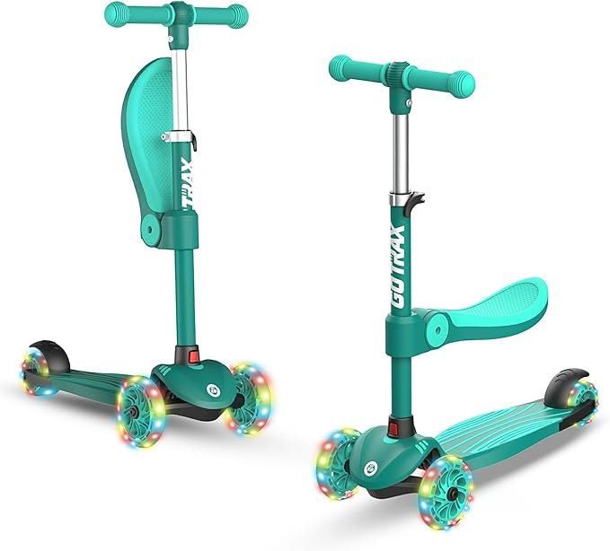 Gotrax KS3 Kids Kick Scooter, LED Lighted Wheels, Adjustable Height Handlebars and Removable Seat, Lean-to-Steer & Widen Anti-Slip Deck, 3 Wheel Scooter for Kids (Green)