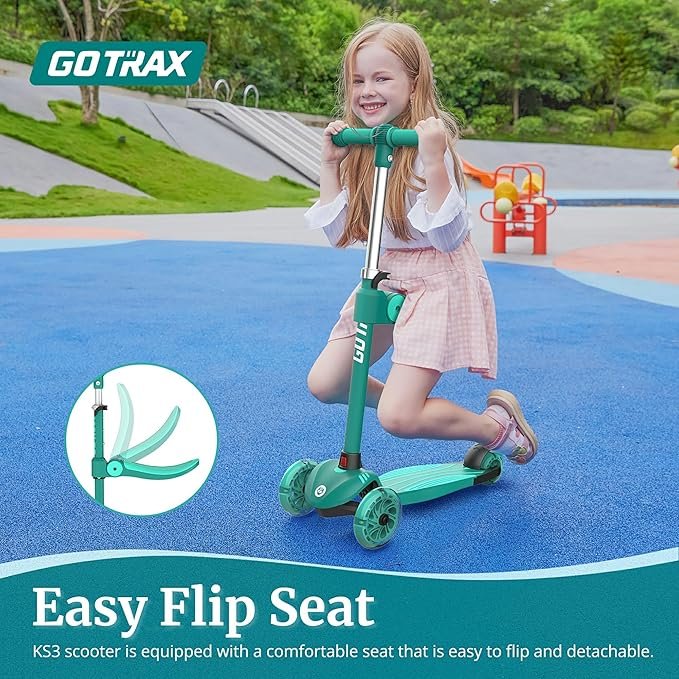 Gotrax KS3 Kids Kick Scooter, LED Lighted Wheels, Adjustable Height Handlebars and Removable Seat, Lean-to-Steer & Widen Anti-Slip Deck, 3 Wheel Scooter for Kids (Green) - Image 2