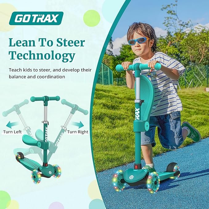 Gotrax KS3 Kids Kick Scooter, LED Lighted Wheels, Adjustable Height Handlebars and Removable Seat, Lean-to-Steer & Widen Anti-Slip Deck, 3 Wheel Scooter for Kids (Green) - Image 4
