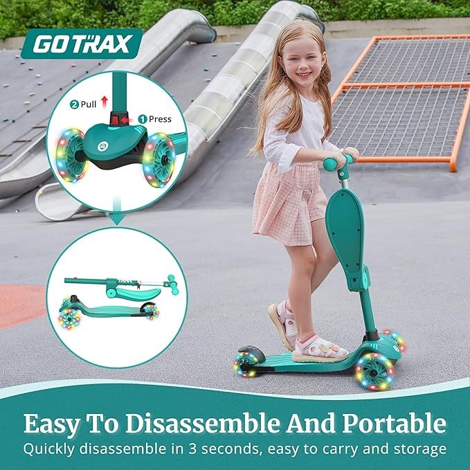 Gotrax KS3 Kids Kick Scooter, LED Lighted Wheels, Adjustable Height Handlebars and Removable Seat, Lean-to-Steer & Widen Anti-Slip Deck, 3 Wheel Scooter for Kids (Green) - Image 3