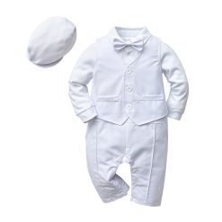 Boy's White Christening Suit Set (Romper Design with Vest & Hat)