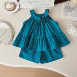 Alternative view of Teal Toddler Girl's Short Set with Flower Embellishment