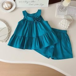 Teal Toddler Girl's Short Set with Flower Embellishment